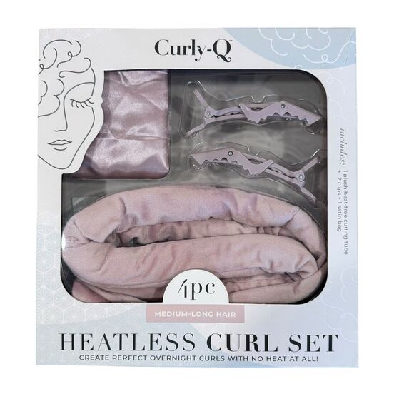 Curly Q Heatless Curl Set Heat Free Curling Tube Clips Travel Satin Bag Blush - Picture 1 of 7